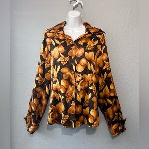 Dana B and Karen Button Up Blouse Brown Orange Fruit Print Long Sleeve Sz 4 Silk